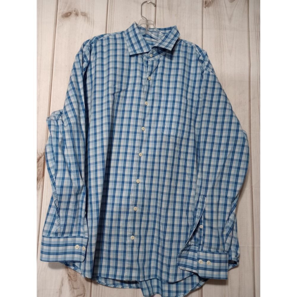 Peter Millar Mens XXL Blue White Plaid Button Down Shirt Stretch Cotton‎ Blend